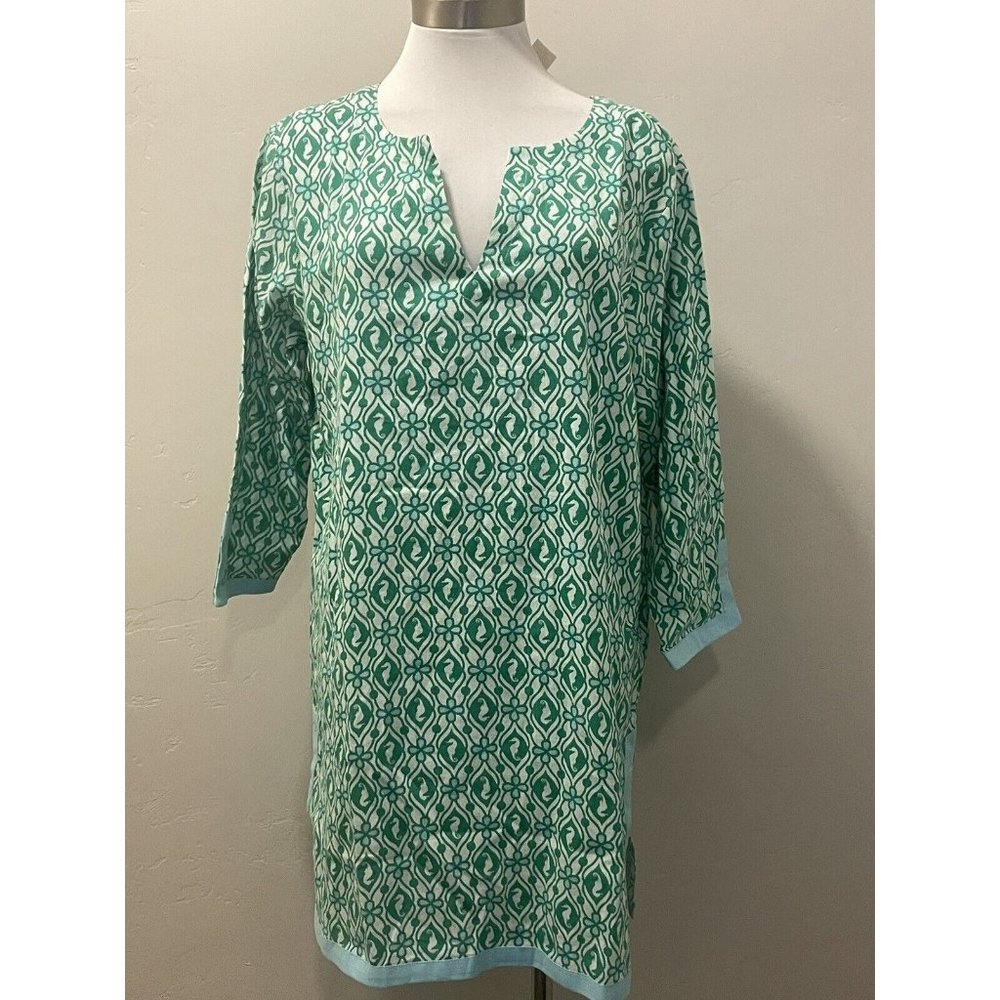 NWT $79 TALBOTS Green Blue Seahorse Nautical Print Cotton Shift Tunic Dress sz.M